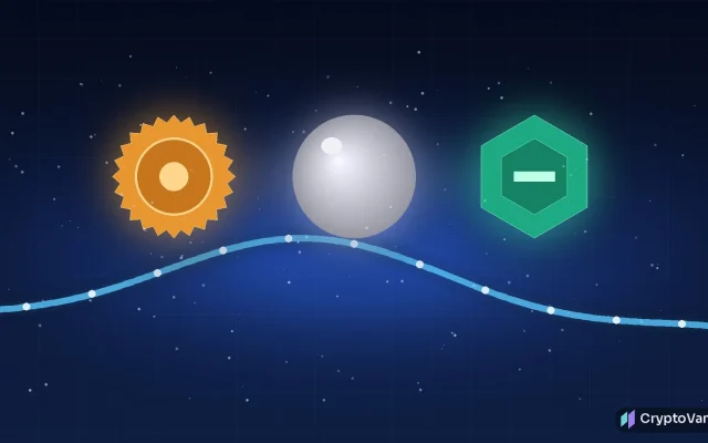 Coinbase listing roadmap illustration: three plain abstract tokens, a gear-edged disc, a pearl sphere and a green hexagon, floating above a glowing roadmap line