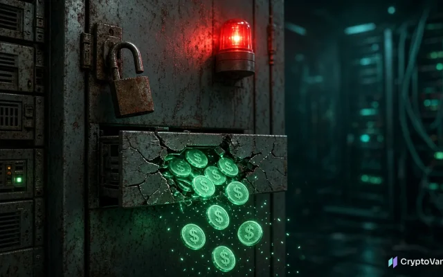CoinDCX loss illustration: an old server rack with an open rusty padlock and glowing dollar coins leaking from a cracked drawer under a red warning light