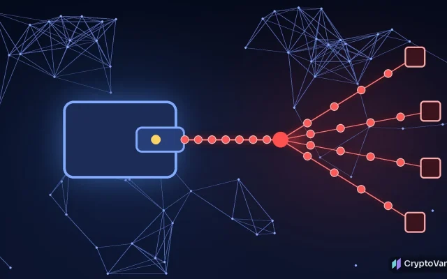 CoinDCX hack claims illustration: a glowing digital wallet on a dark network grid with one red path of coins splitting into several branches, no people or logos