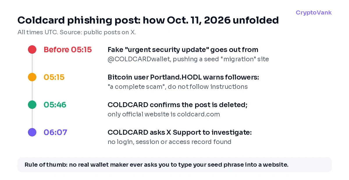 Timeline of the Coldcard phishing post on Oct. 11, 2026, from the fake security alert before 05:15 UTC to the company's escalation to X Support at 06:07 UTC