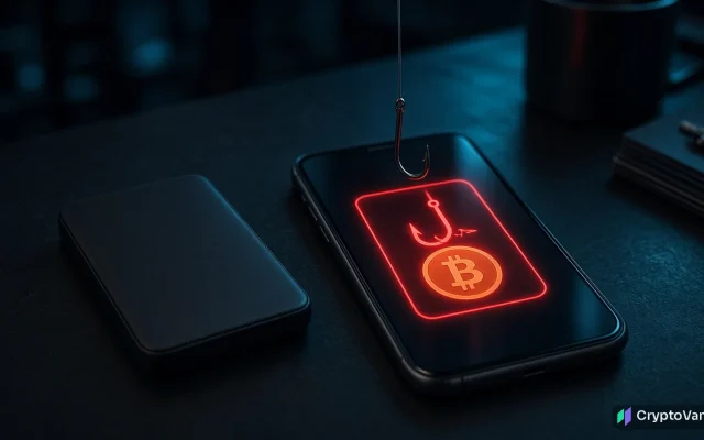 Coldcard phishing illustration: a fishing hook dangles over a smartphone showing a red warning with a bitcoin coin, next to a plain black hardware wallet