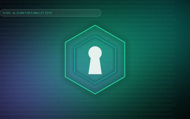 Glowing emerald hexagonal vault with a white keyhole over a faint wall of hexadecimal characters, illustrating crypto wallet key security