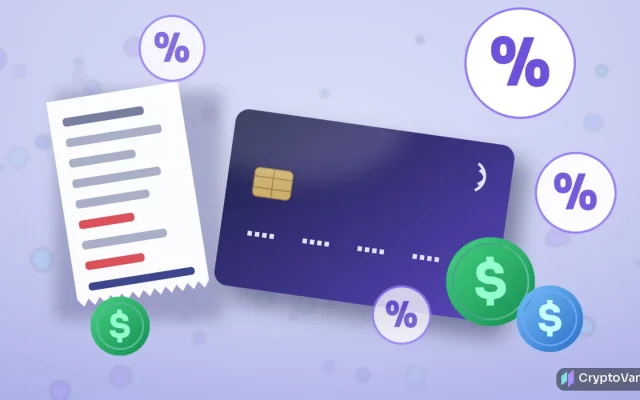 Crypto card fees illustration: a generic dark payment card with a chip, surrounded by floating percent signs, a receipt and generic dollar coins on a soft indigo background, no logos