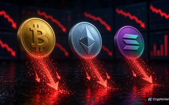 Crypto ETF outflows illustration: gold, silver and purple coins leak streams of red particles and down arrows in front of screens with falling charts