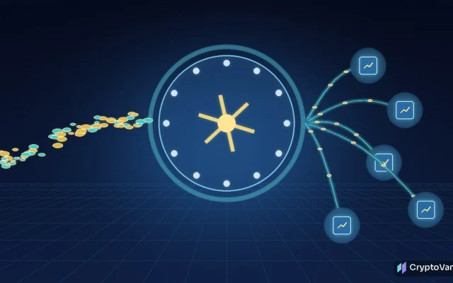 Crypto lending vaults illustration: a glowing glass vault door in a dark blue chamber, with streams of gold and teal coins flowing into it and branching out to lending nodes