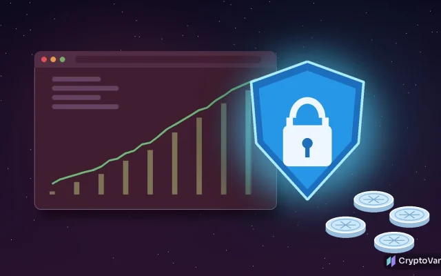 Crypto scam crackdown illustration: a glowing shield with a padlock blocking a fake trading website window that shows a rising chart, with frozen crypto coins below, no people or logos