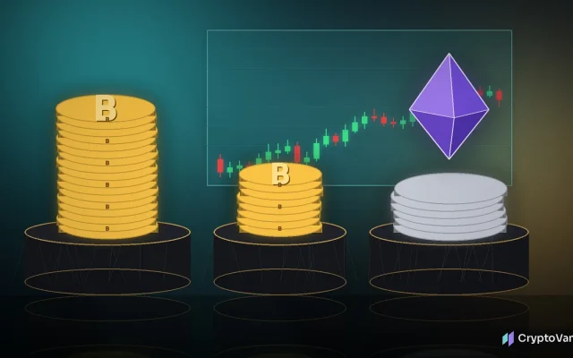 Crypto treasury companies illustration: stacks of golden coins with a B symbol on dark pedestals, a violet ether-style crystal above silver coins and a glowing candlestick chart behind