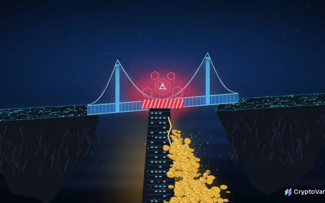 Cysic bridge exploit illustration: a glowing blue suspension bridge between two floating circuit islands with a red sealed-off section and warning hexagons, while generic gold coins pour from a cracked server pillar below