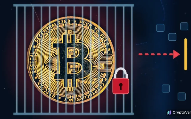 Datavault AI bitcoin illustration: a gold bitcoin coin locked behind glass bars with a red padlock and a withdrawal arrow stopped by a barrier