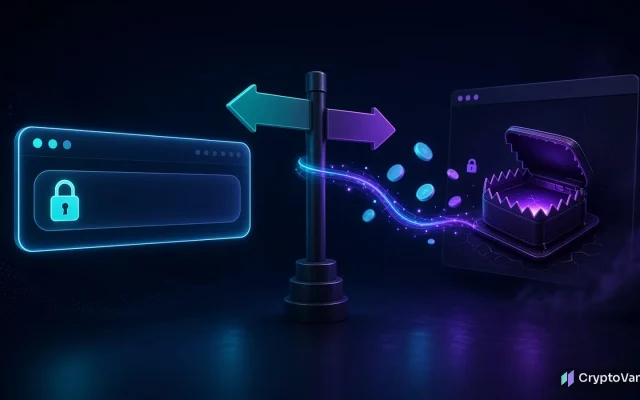 DeFi DNS hijack illustration: a twisted signpost redirects coins from a secure browser bar toward a fake web page with a wallet trap