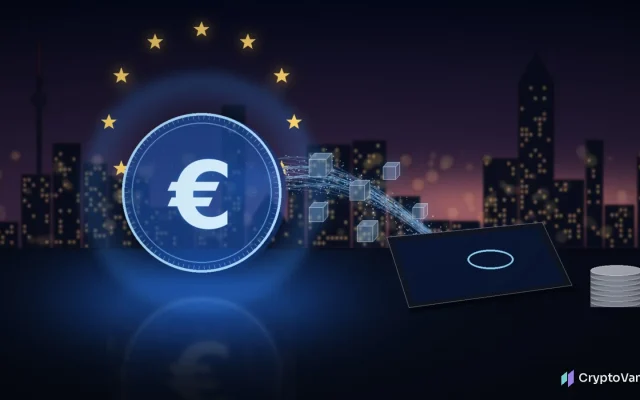 Digital euro pilot concept art: a glowing glass euro coin under a ring of twelve gold stars sends data streams to a blank phone, beside a stack of plain coins, over a dusk city skyline