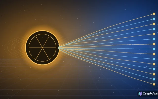 A glowing vault-like orb waking up on a dark grid and splitting into fifteen bright streams, abstract art with no people or brand logos