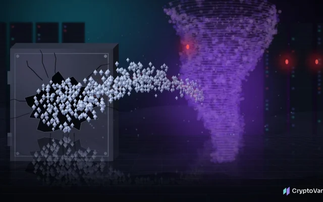 Drift exploiter Tornado Cash illustration: a stream of generic silver crypto coins pours from a cracked vault into a violet swirling vortex of fog, no logos