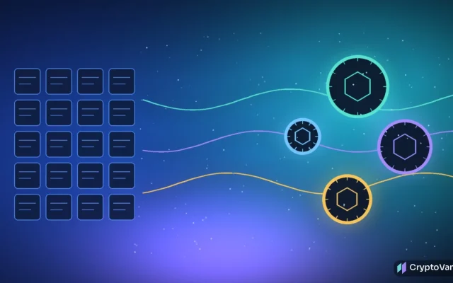 Abstract vault ledger blocks flowing along glowing rails into hexagon token rings on a dark blue background, no people or brand logos