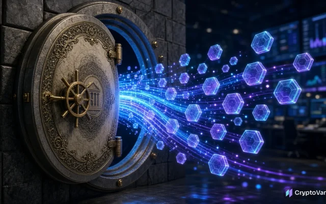 DTCC tokenization illustration: glowing digital tokens flowing out of an open bank vault toward a trading floor