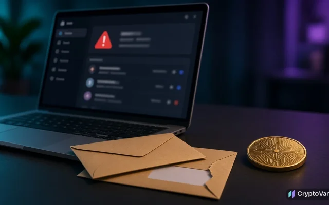 Electrum 4.8.3 security update illustration: a laptop showing a wallet app with a red warning sign, two envelopes with a swapped address label and a gold coin on a dark desk