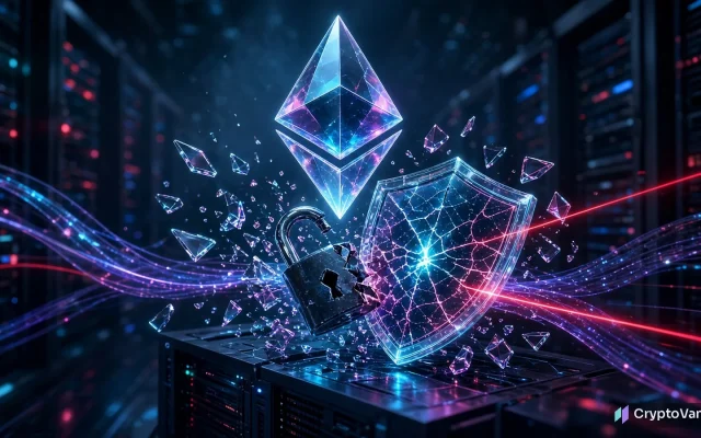 eMudhra certificate flaw illustration: a glowing Ethereum coin above a server rack with a cracked security shield and broken padlock