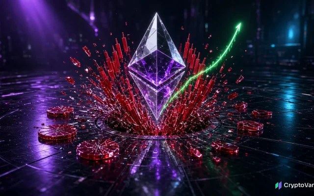 ETH short squeeze illustration: a glowing violet ether diamond bursting upward through shattered red candlestick bars on a dark trading floor, no logos or people