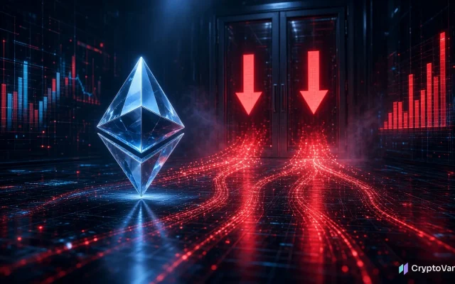 Ether ETF outflows illustration: a glowing diamond coin on a dark trading floor as red capital streams flow out through vault doors marked with downward arrows
