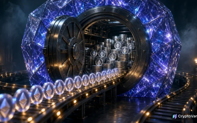 Ethereum staking illustration: silver coins with a generic ether symbol roll on a glowing track into a crystal vault full of stacked coins