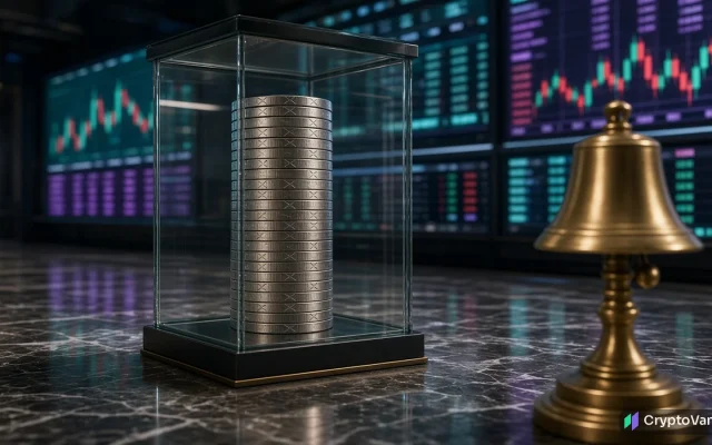 Evernorth XRPN illustration: a stack of silver coins in a glass vault next to a brass opening bell, with stock ticker boards glowing in the background