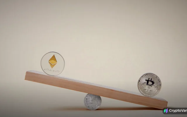 A wooden seesaw balancing a silver bitcoin-style coin against an ethereum-style coin on a light background