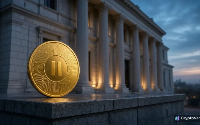 Fed rate decision illustration: a gold coin with a pause symbol in front of a columned central bank building at dusk