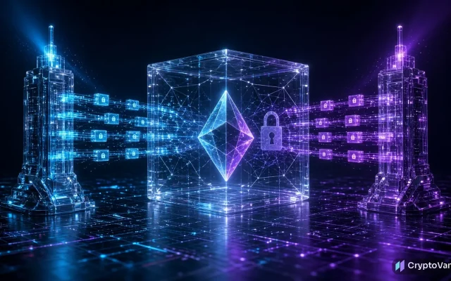 Fhenix mainnet illustration: a glowing diamond-shaped coin inside a translucent encrypted vault on a dark DeFi grid, with streams of locked data blocks flowing between two network towers
