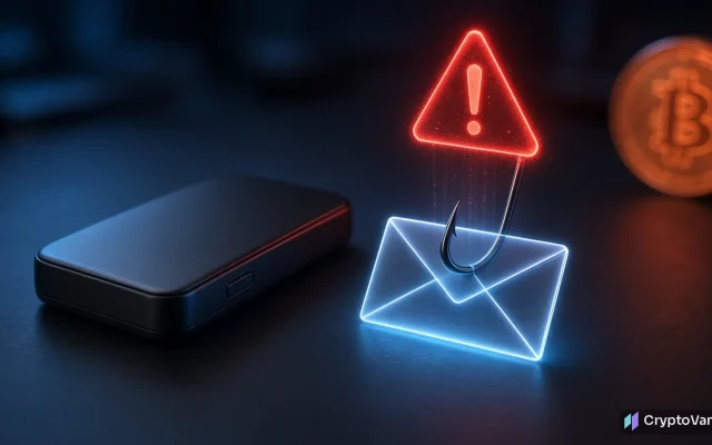 Foundation Passport phishing illustration: an unbranded hardware wallet beside a glowing email envelope pierced by a fishing hook under a red warning sign