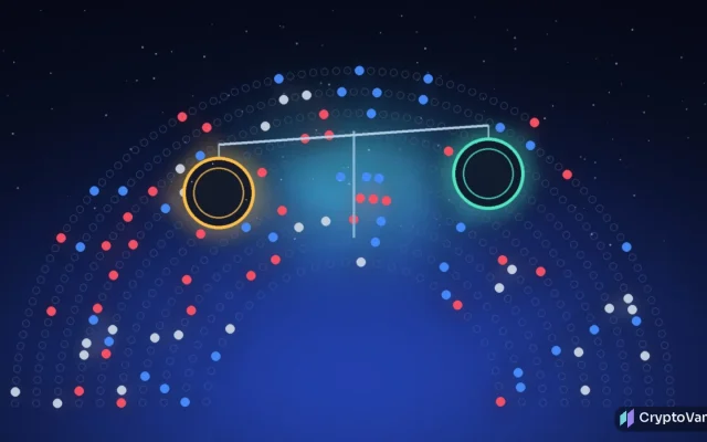 France stablecoin tax illustration: a dark parliament hemicycle of seat dots with only a few lit in blue, red and grey, under a balance holding two glowing coin discs, abstract art with no people or brand logos