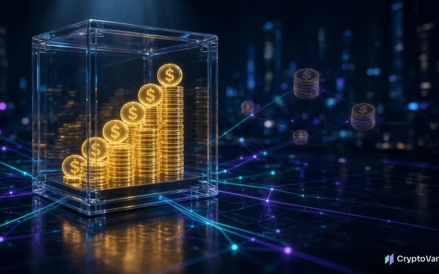 Franklin Templeton XRP Ledger illustration: rising stacks of glowing gold fund-share tokens inside a glass vault, linked by blockchain lines on a dark trading floor