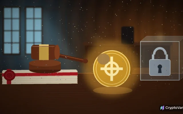 Gemini CFTC settlement concept: a judge's gavel on sealed legal papers beside a gold crypto coin and a locked glass cube in a dark courtroom, cinematic 3D scene