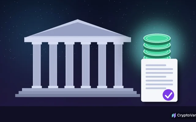 GENIUS Act final rule illustration: a classical columned regulator building beside a stack of glowing dollar-pegged stablecoin tokens and a rulebook page with a check mark, with no people or logos
