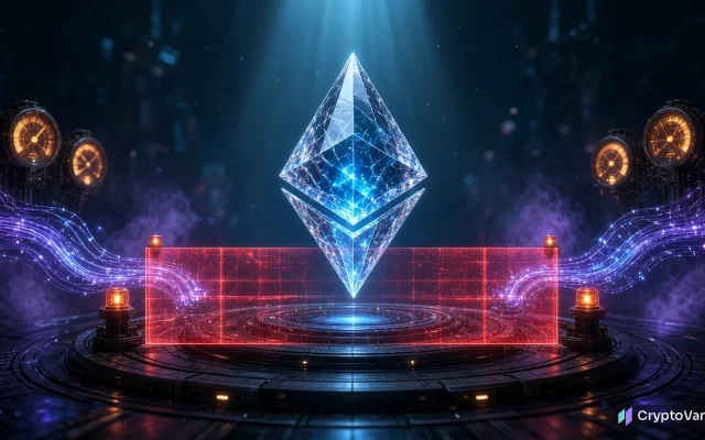 Glamsterdam upgrade illustration: a glowing Ethereum crystal floats above a launch platform blocked by a red holographic barrier, with amber gas gauges and warning lights