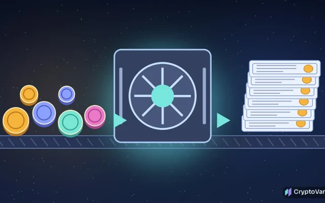 Grayscale in-kind transfer illustration: glowing crypto coins flowing through a conveyor into a vault and coming out as stacked share certificates, no people or logos