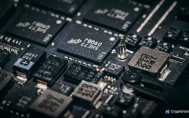 Hardware wallet genuine check illustration: close-up of microchips on a dark electronic circuit board