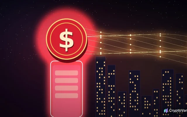 HSBC RedCoin stablecoin illustration: a glowing red coin with a dollar sign above a smartphone, sending payment streams toward a city skyline at night