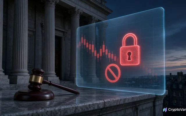 HTX FCA settlement illustration: a courthouse with a gavel and a locked crypto trading screen showing a no-entry sign