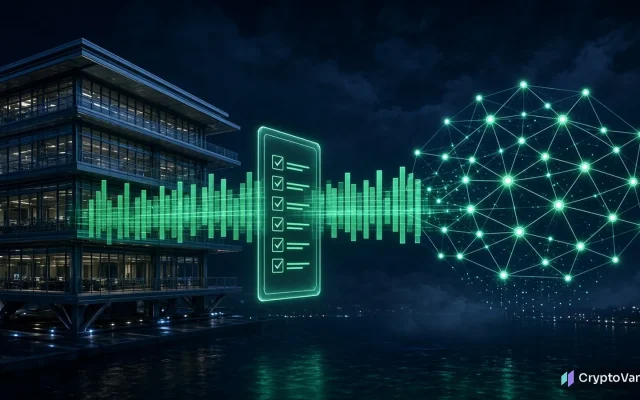 Hyperliquid HIP-3 illustration: a glowing onchain order book bridge linking a regulated exchange building to a decentralized network of nodes