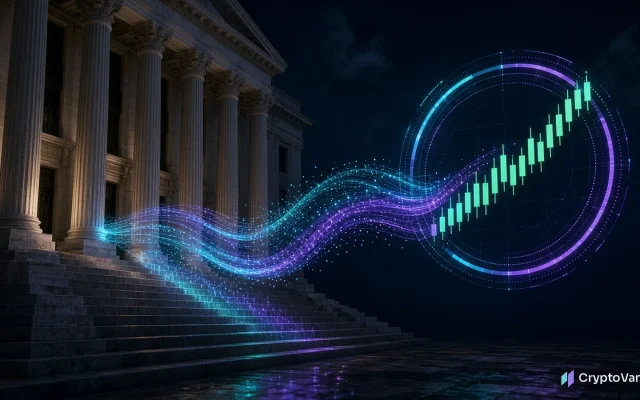 ICE Hyperliquid deal illustration: a columned exchange building with a stream of data flowing into a glowing 24-hour trading clock