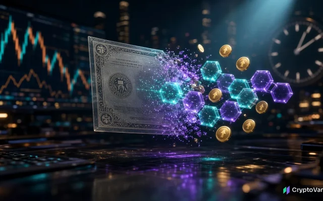 Tokenized stocks illustration: a glass stock certificate breaks into glowing blockchain blocks and gold coins beside volatile charts and a night clock