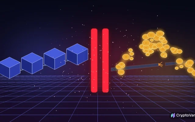 Initia exploit illustration: a halted glowing blockchain of cubes with a red pause barrier as unbacked coins leak across a broken bridge, no people or logos