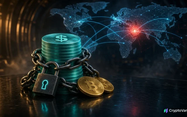 Iran crypto seizure illustration: a stack of teal stablecoins and gold coins locked with a heavy chain and padlock in front of a glowing world map with a red point over the Middle East