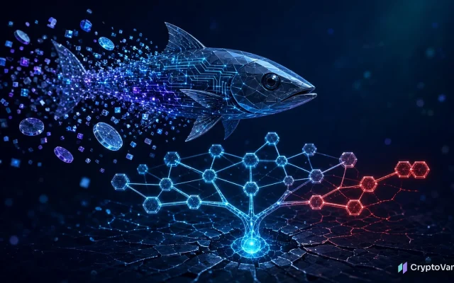 Iron Fish shutdown illustration: a circuit-patterned fish dissolving into coins above a Merkle tree with one duplicated branch glowing red
