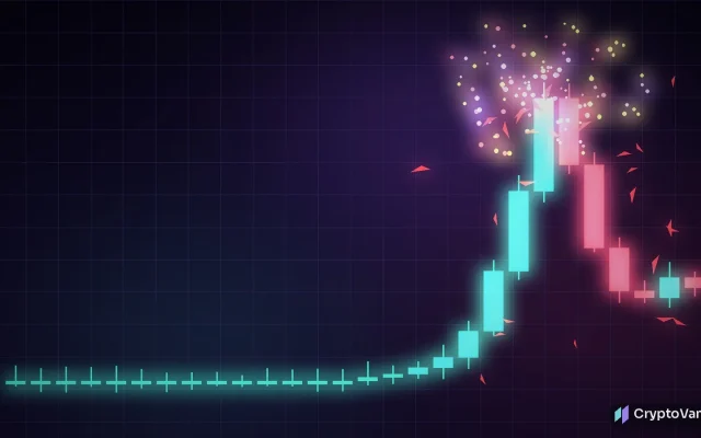IRYS price short squeeze illustration: glowing candlestick chart with a vertical spike, sparks at the peak and falling red shards