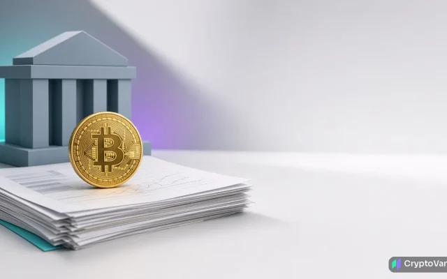 Abstract illustration of a gold bitcoin coin on loan documents beside a geometric bank building, no logos or people