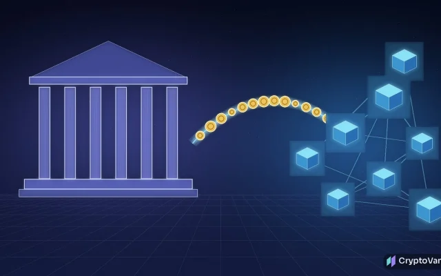 JPM Coin Ethereum illustration: a glowing glass bank facade with columns sending streams of dollar tokens across a bridge of light into a network of blockchain blocks