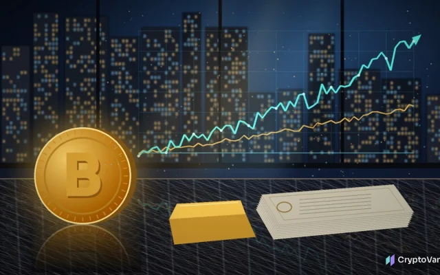 JPMorgan bitcoin forecast illustration: a large generic gold coin marked B, a gold bar and a stack of stock certificates on a desk under a rising teal chart, no logos