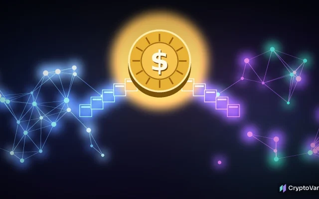 JPMorgan Solana tokenized funds illustration: a gold dollar coin on a bridge of blocks linking a blue blockchain network to a purple and green one