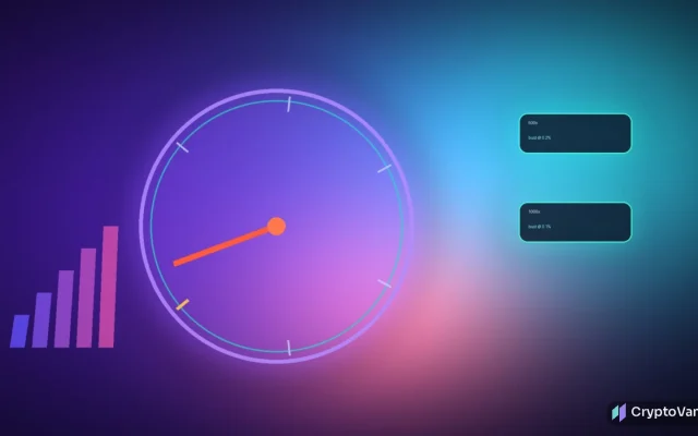 Abstract neon trading dial pointing past 1000x on a dark Solana-purple board with glowing bust-price markers, no people or brand logos